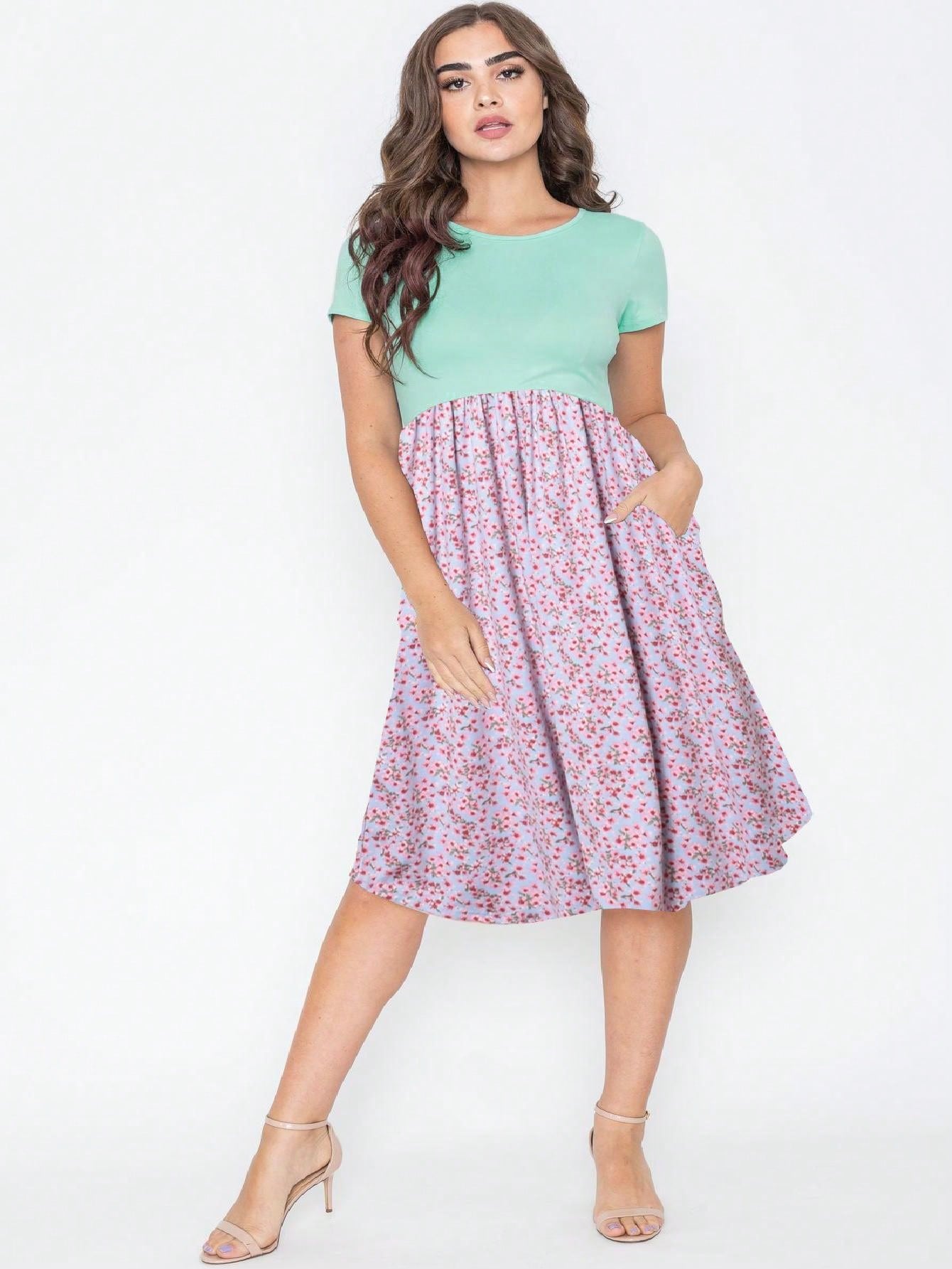 Vintage Boho Summer Fall Pink Navy Mint Floral Shift Swing T Shirt Sleeve Southern Dress | Small-3 XL Plus