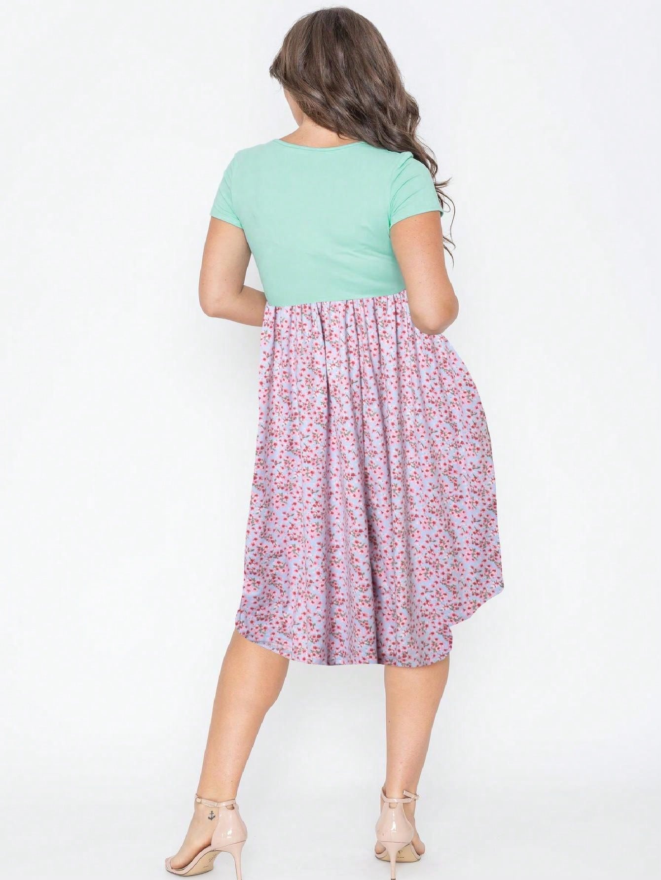 Vintage Boho Summer Fall Pink Navy Mint Floral Shift Swing T Shirt Sleeve Southern Dress | Small-3 XL Plus