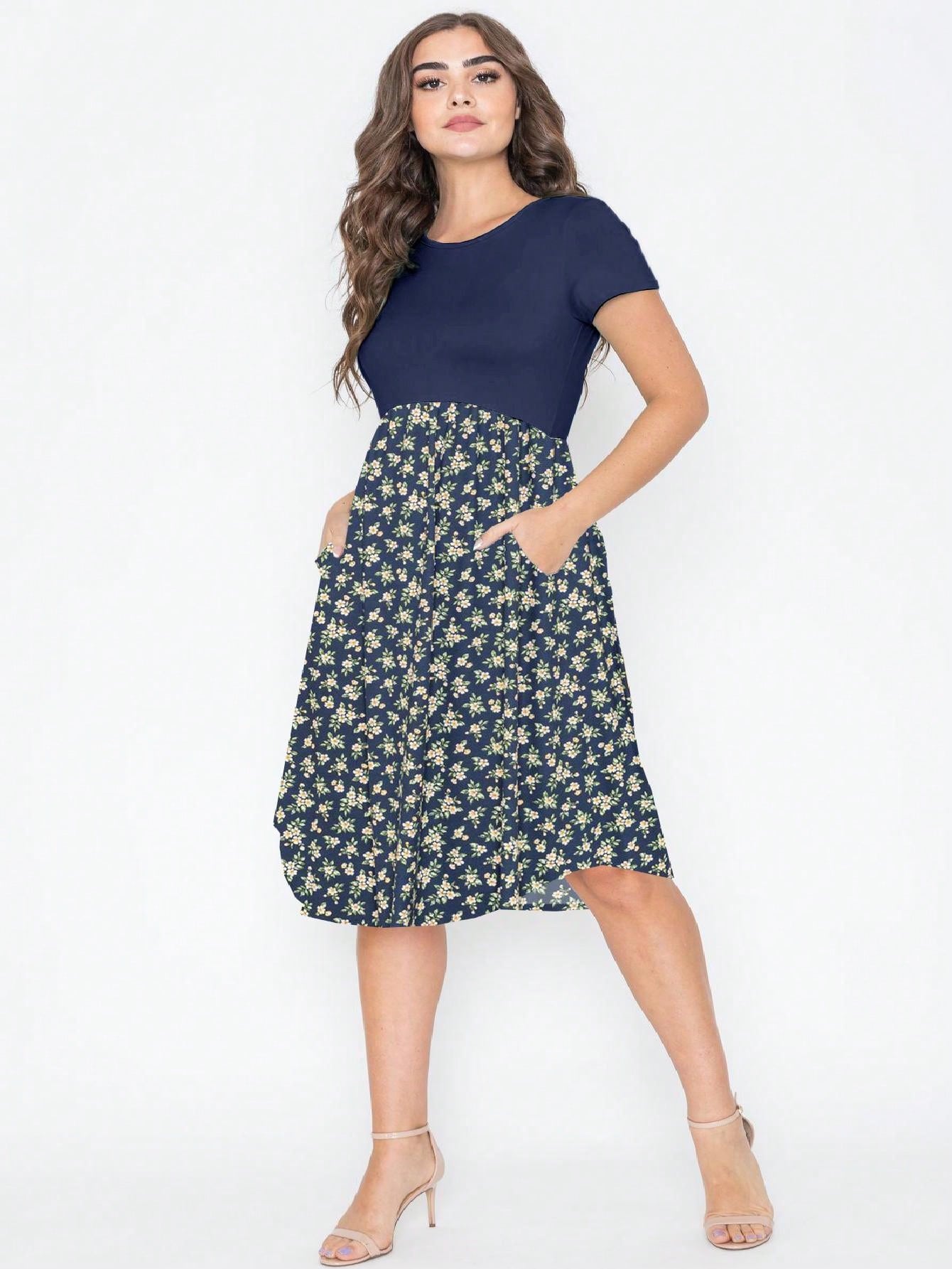 Vintage Boho Summer Fall Pink Navy Mint Floral Shift Swing T Shirt Sleeve Southern Dress | Small-3 XL Plus
