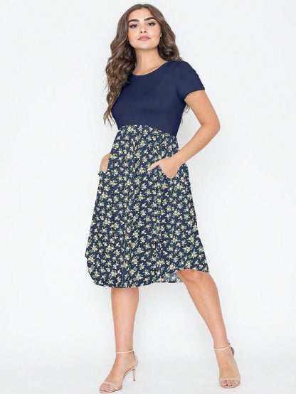 Vintage Boho Summer Fall Pink Navy Mint Floral Shift Swing T Shirt Sleeve Southern Dress | Small-3 XL Plus