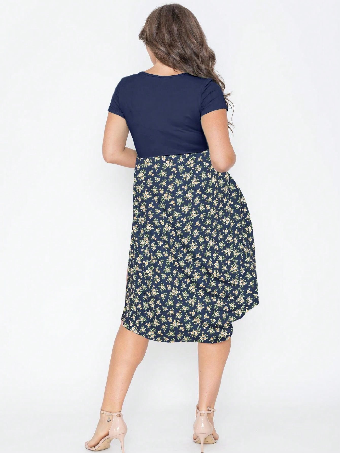 Vintage Boho Summer Fall Pink Navy Mint Floral Shift Swing T Shirt Sleeve Southern Dress | Small-3 XL Plus