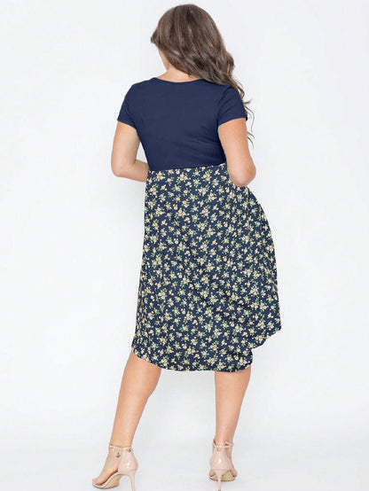 Vintage Boho Summer Fall Pink Navy Mint Floral Shift Swing T Shirt Sleeve Southern Dress | Small-3 XL Plus