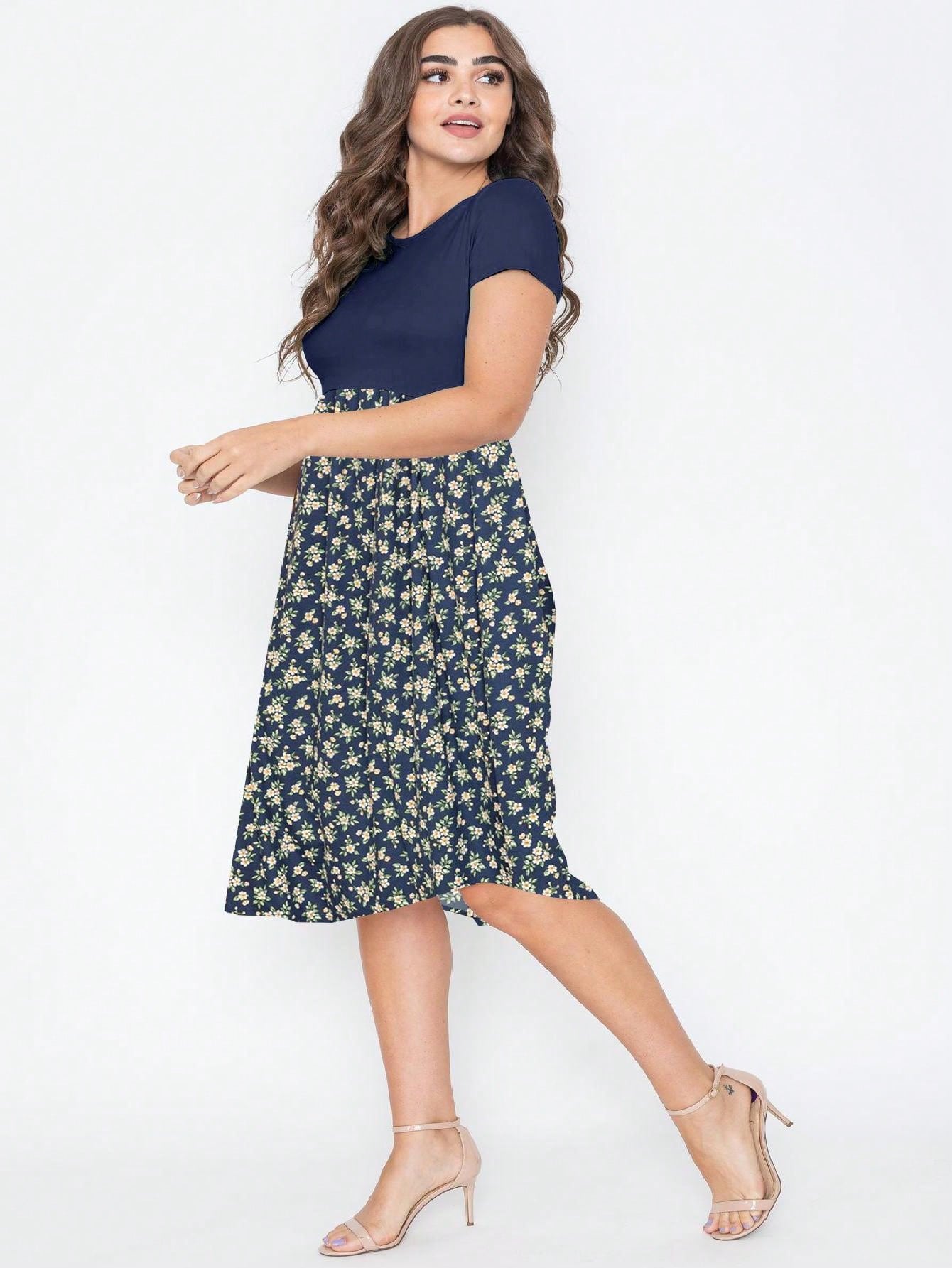 Vintage Boho Summer Fall Pink Navy Mint Floral Shift Swing T Shirt Sleeve Southern Dress | Small-3 XL Plus