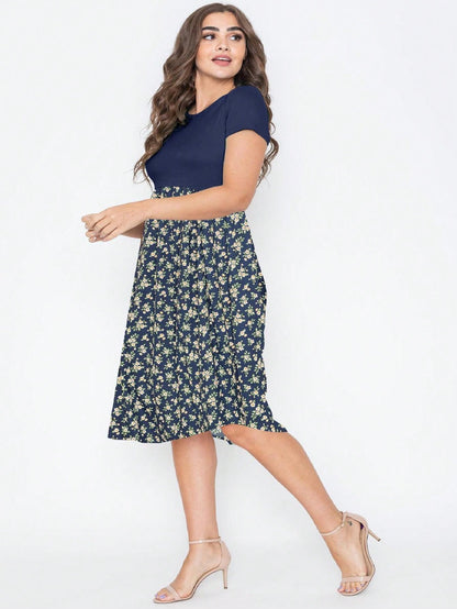 Vintage Boho Summer Fall Pink Navy Mint Floral Shift Swing T Shirt Sleeve Southern Dress | Small-3 XL Plus