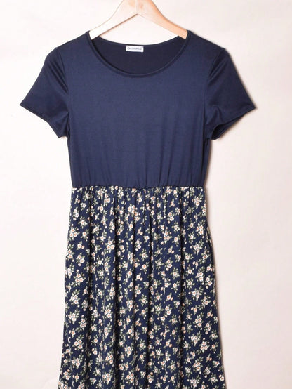 Vintage Boho Summer Fall Pink Navy Mint Floral Shift Swing T Shirt Sleeve Southern Dress | Small-3 XL Plus