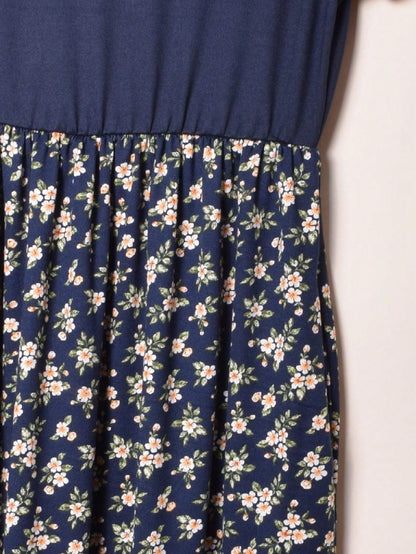Vintage Boho Summer Fall Pink Navy Mint Floral Shift Swing T Shirt Sleeve Southern Dress | Small-3 XL Plus
