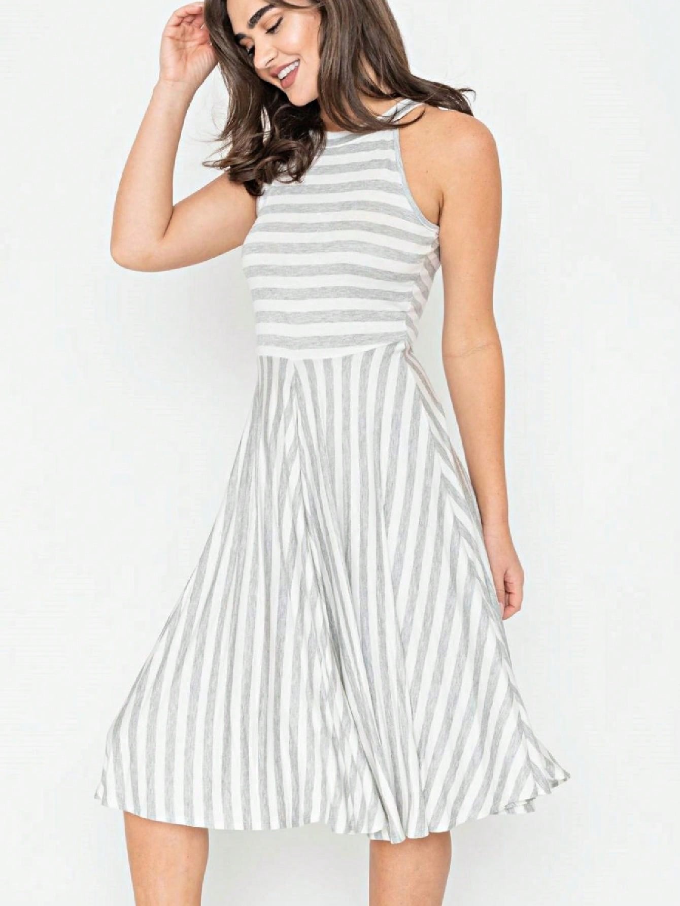 Grey Stripe Ditsy Floral Leaves Tropical  Halter Neck Tie Sash  Ruffle Tiered Midi Dress Swing Southern Cruise Dress | Small -3 XL Plus