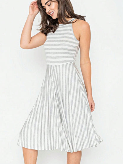Grey Stripe Ditsy Floral Leaves Tropical  Halter Neck Tie Sash  Ruffle Tiered Midi Dress Swing Southern Cruise Dress | Small -3 XL Plus