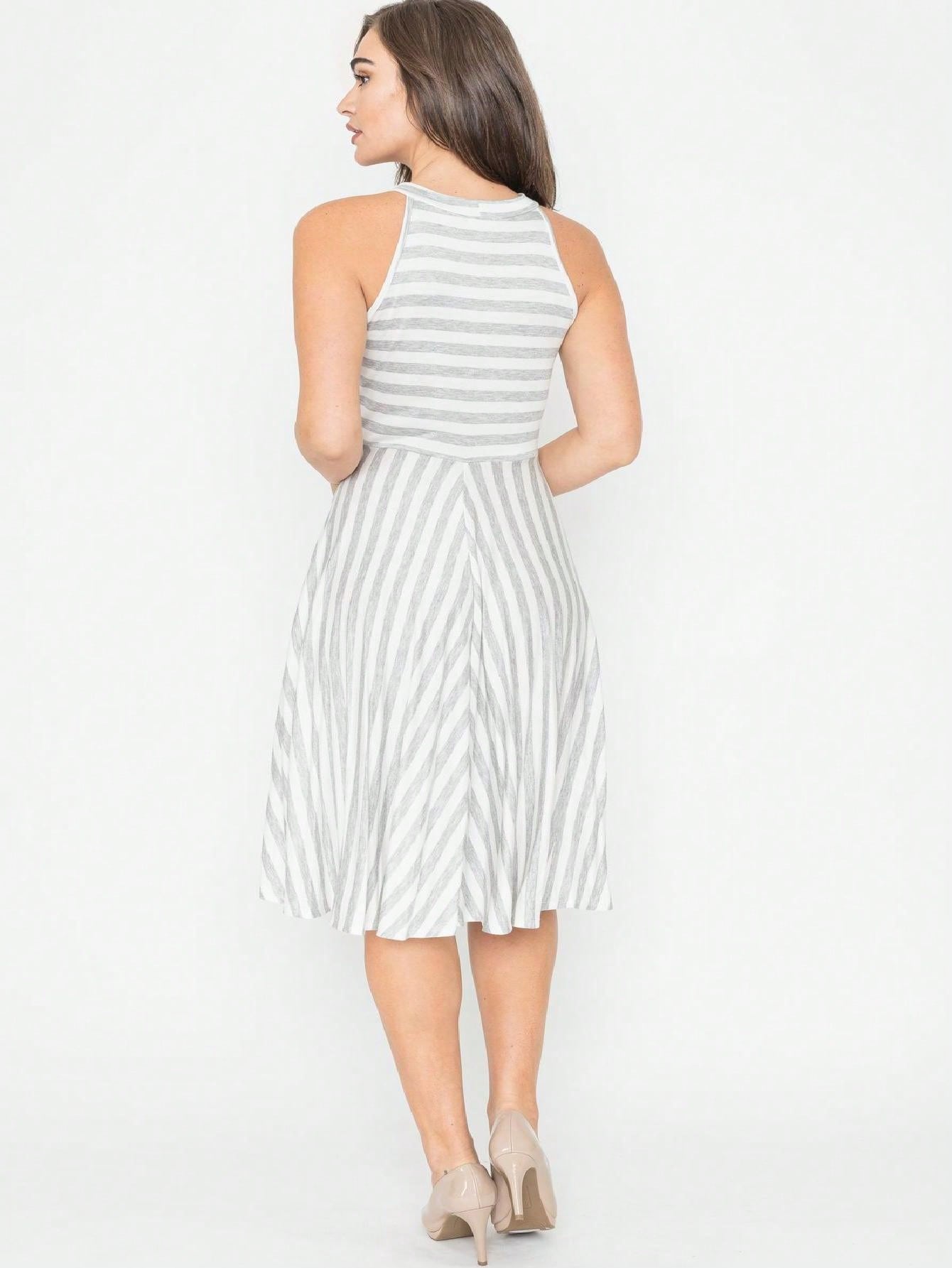 Grey Stripe Ditsy Floral Leaves Tropical  Halter Neck Tie Sash  Ruffle Tiered Midi Dress Swing Southern Cruise Dress | Small -3 XL Plus