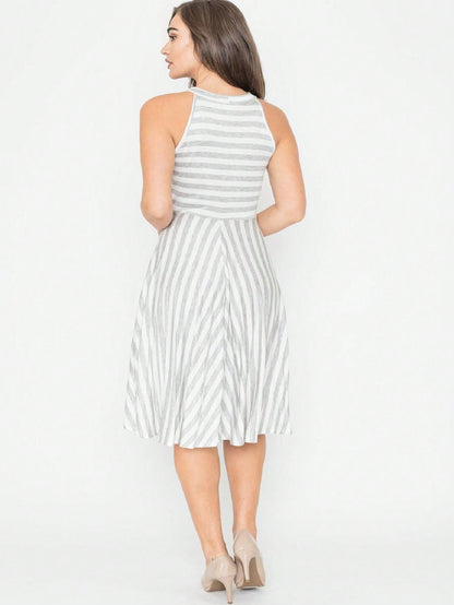 Grey Stripe Ditsy Floral Leaves Tropical  Halter Neck Tie Sash  Ruffle Tiered Midi Dress Swing Southern Cruise Dress | Small -3 XL Plus