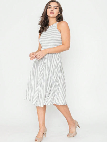 Grey Stripe Ditsy Floral Leaves Tropical  Halter Neck Tie Sash  Ruffle Tiered Midi Dress Swing Southern Cruise Dress | Small -3 XL Plus