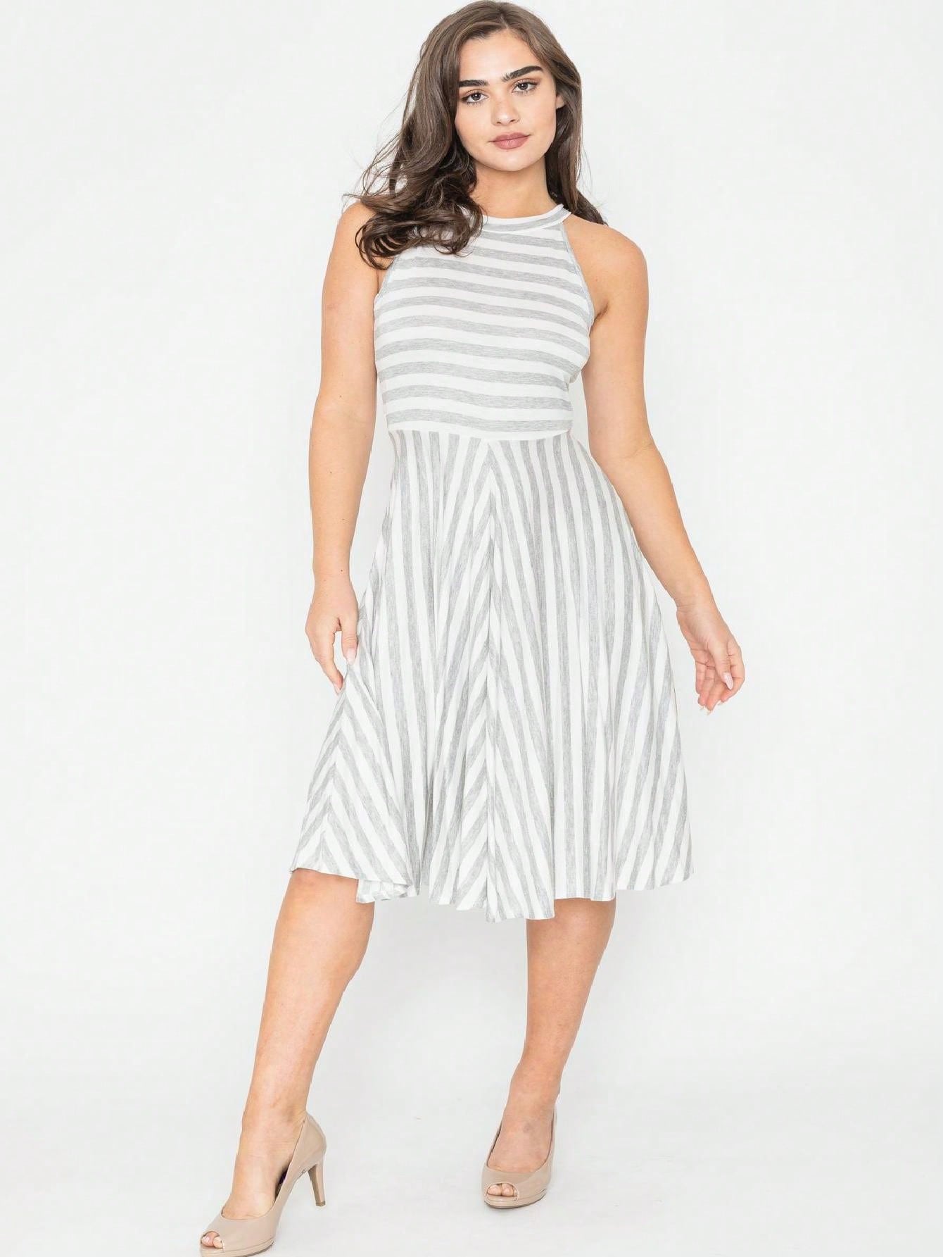 Grey Stripe Ditsy Floral Leaves Tropical  Halter Neck Tie Sash  Ruffle Tiered Midi Dress Swing Southern Cruise Dress | Small -3 XL Plus