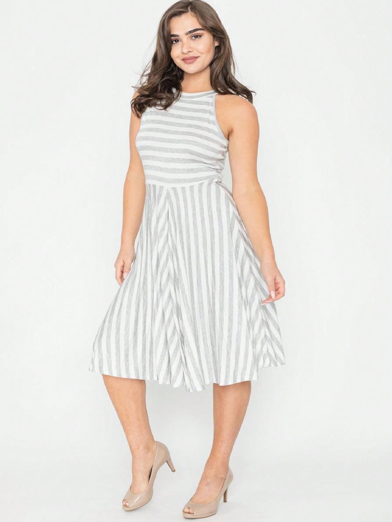 Grey Stripe Ditsy Floral Leaves Tropical  Halter Neck Tie Sash  Ruffle Tiered Midi Dress Swing Southern Cruise Dress | Small -3 XL Plus