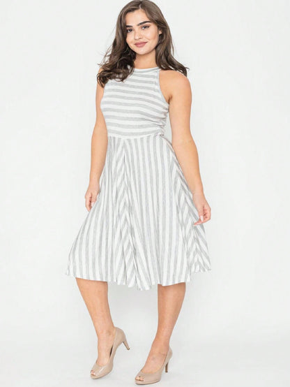 Grey Stripe Ditsy Floral Leaves Tropical  Halter Neck Tie Sash  Ruffle Tiered Midi Dress Swing Southern Cruise Dress | Small -3 XL Plus
