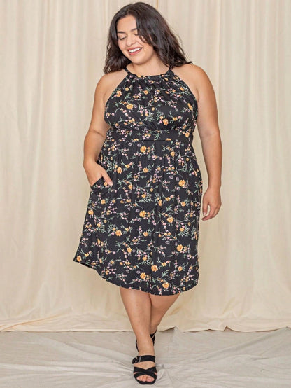 Grey Stripe Ditsy Floral Leaves Tropical  Halter Neck Tie Sash  Ruffle Tiered Midi Dress Swing Southern Cruise Dress | Small -3 XL Plus
