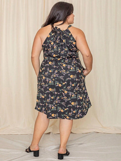 Grey Stripe Ditsy Floral Leaves Tropical  Halter Neck Tie Sash  Ruffle Tiered Midi Dress Swing Southern Cruise Dress | Small -3 XL Plus