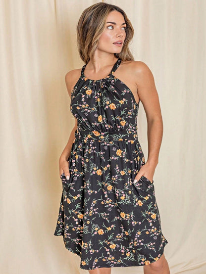 Grey Stripe Ditsy Floral Leaves Tropical  Halter Neck Tie Sash  Ruffle Tiered Midi Dress Swing Southern Cruise Dress | Small -3 XL Plus