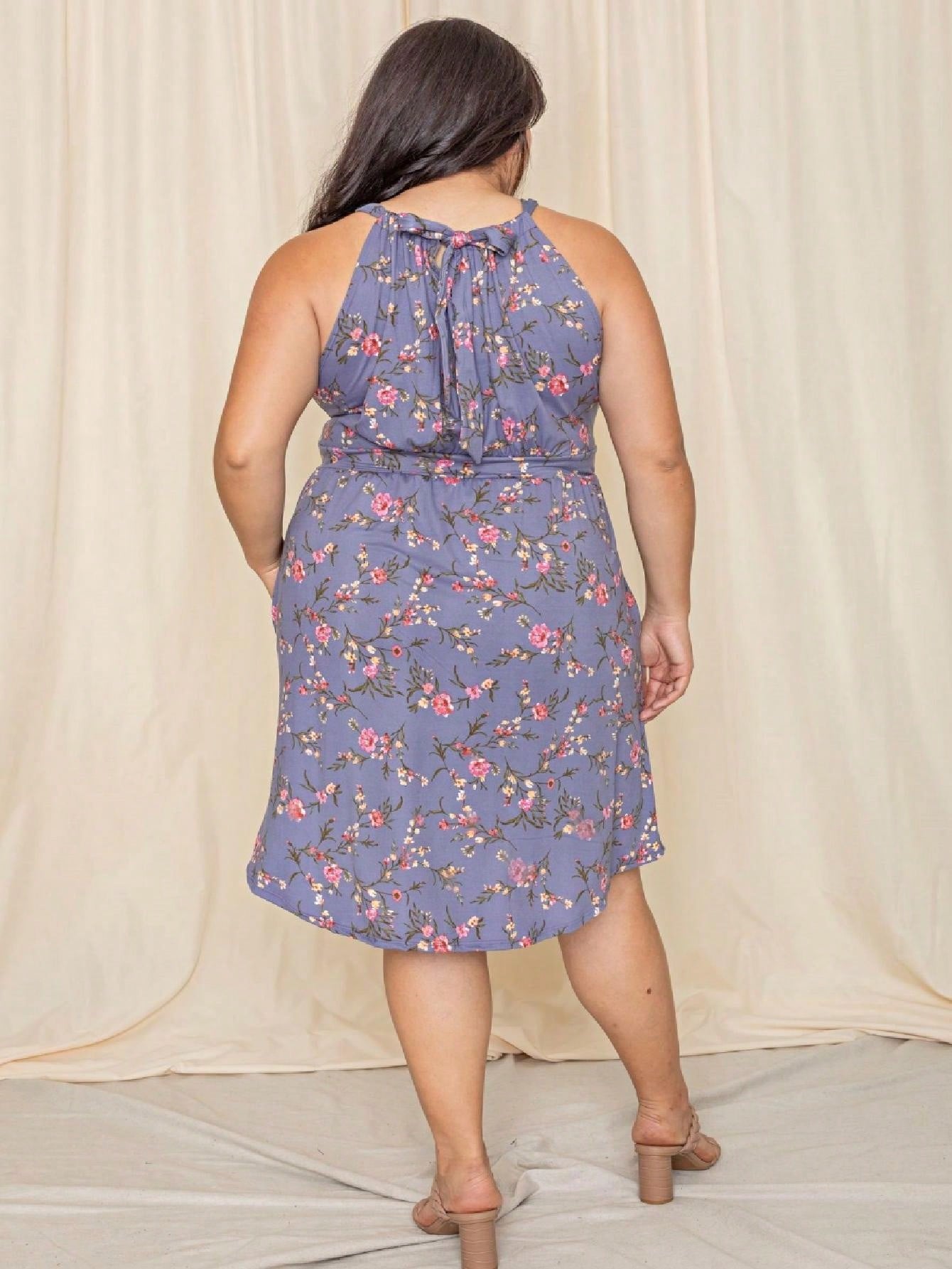 Grey Stripe Ditsy Floral Leaves Tropical  Halter Neck Tie Sash  Ruffle Tiered Midi Dress Swing Southern Cruise Dress | Small -3 XL Plus