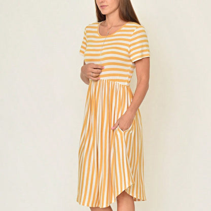 Vintage Boho Summer Fall Mustard Grey Red Blue Black Green Stripe Swing T Shirt Sleeve Southern Dress | Small-3 XL Plus