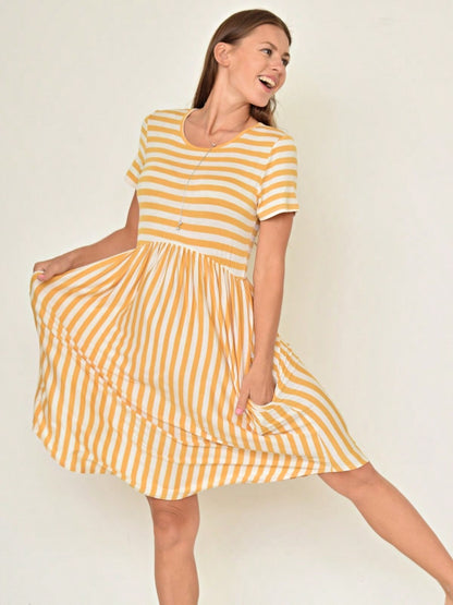 Vintage Boho Summer Fall Mustard Grey Red Blue Black Green Stripe Swing T Shirt Sleeve Southern Dress | Small-3 XL Plus