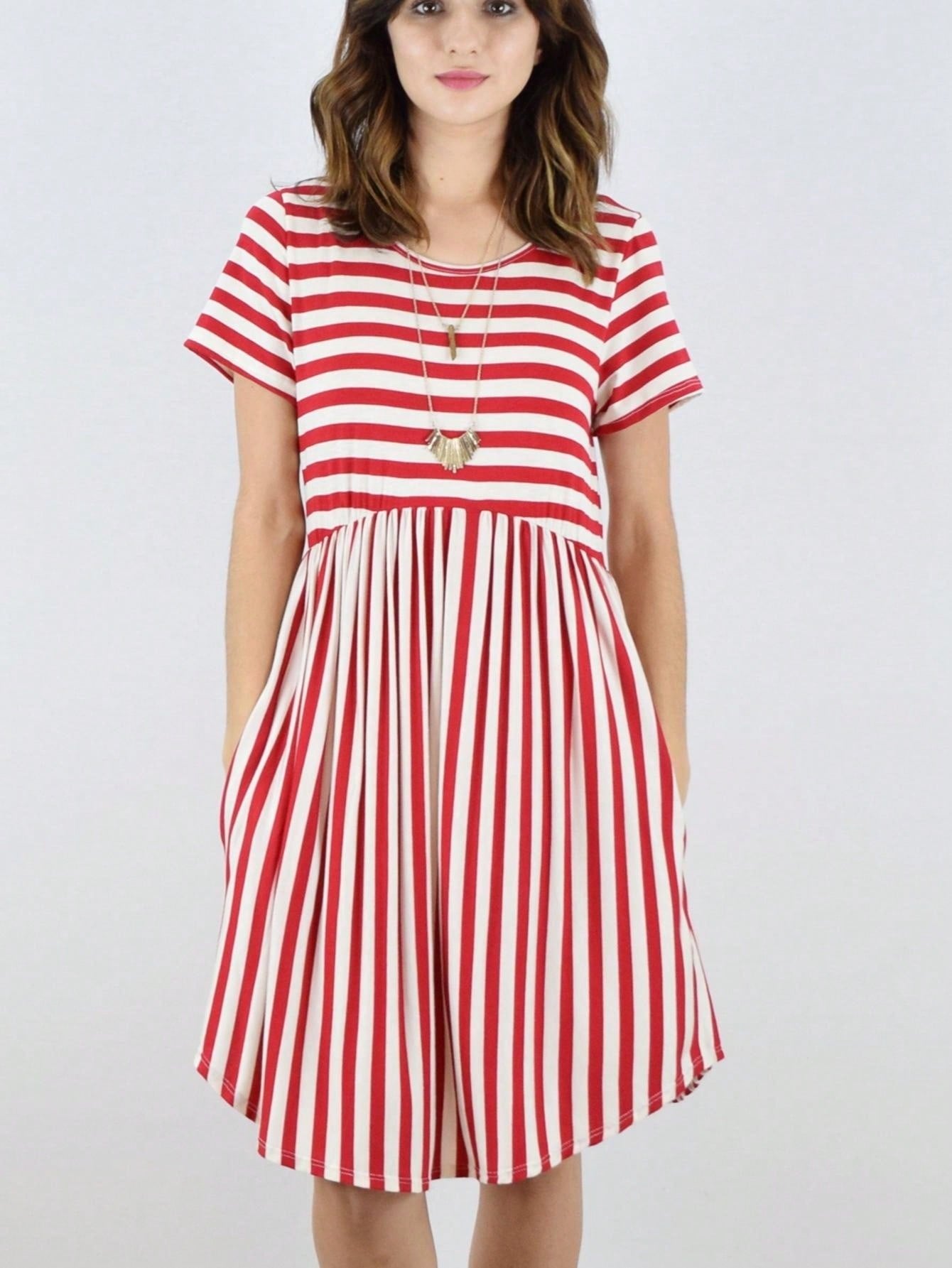 Vintage Boho Summer Fall Mustard Grey Red Blue Black Green Stripe Swing T Shirt Sleeve Southern Dress | Small-3 XL Plus