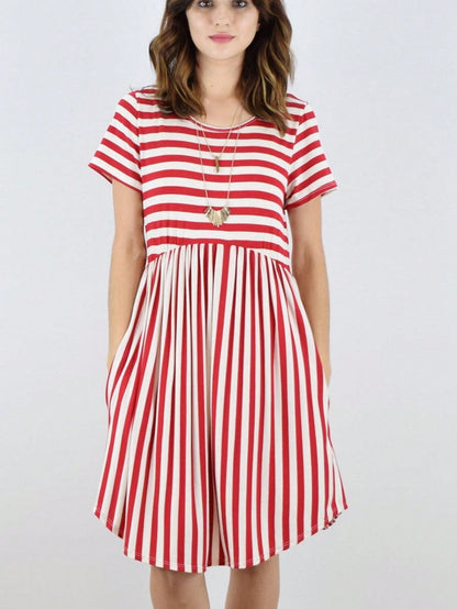 Vintage Boho Summer Fall Mustard Grey Red Blue Black Green Stripe Swing T Shirt Sleeve Southern Dress | Small-3 XL Plus