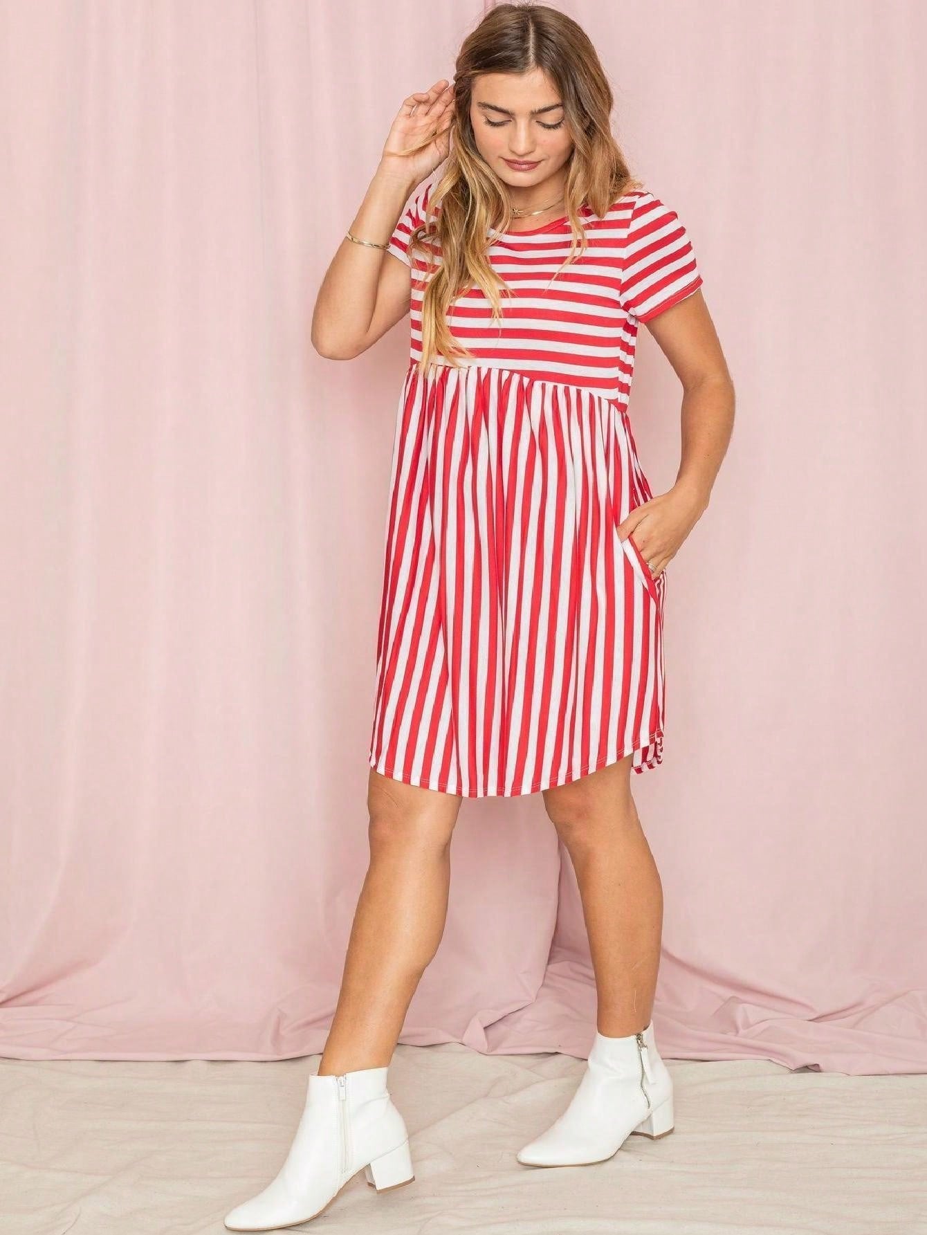 Vintage Boho Summer Fall Mustard Grey Red Blue Black Green Stripe Swing T Shirt Sleeve Southern Dress | Small-3 XL Plus