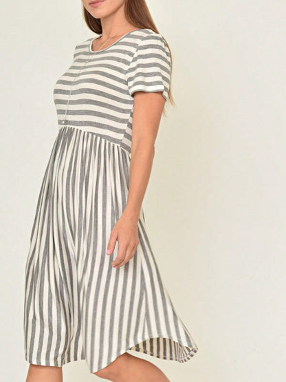 Vintage Boho Summer Fall Mustard Grey Red Blue Black Green Stripe Swing T Shirt Sleeve Southern Dress | Small-3 XL Plus