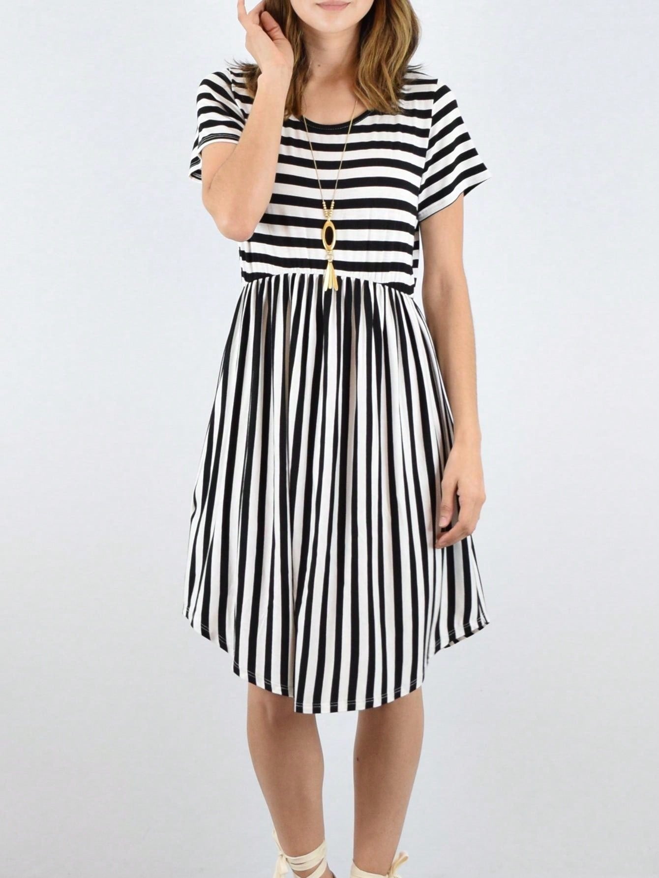 Vintage Boho Summer Fall Mustard Grey Red Blue Black Green Stripe Swing T Shirt Sleeve Southern Dress | Small-3 XL Plus