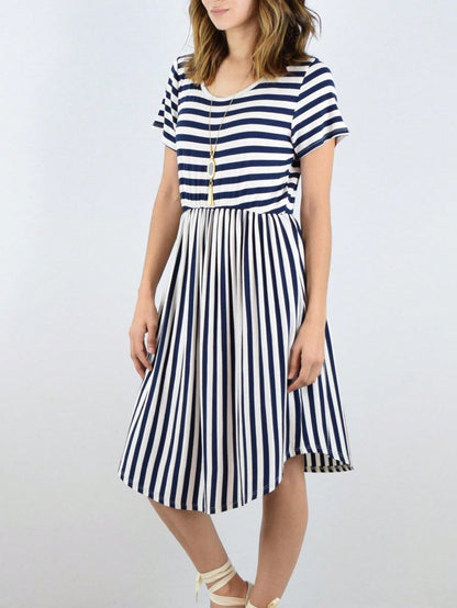 Vintage Boho Summer Fall Mustard Grey Red Blue Black Green Stripe Swing T Shirt Sleeve Southern Dress | Small-3 XL Plus
