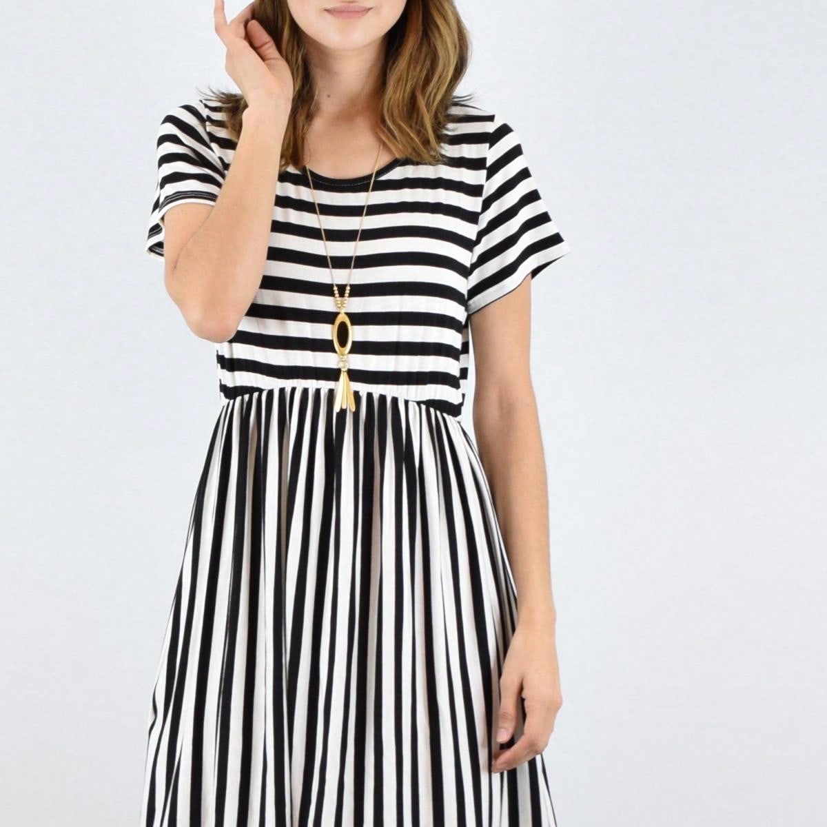 Vintage Boho Summer Fall Mustard Grey Red Blue Black Green Stripe Swing T Shirt Sleeve Southern Dress | Small-3 XL Plus