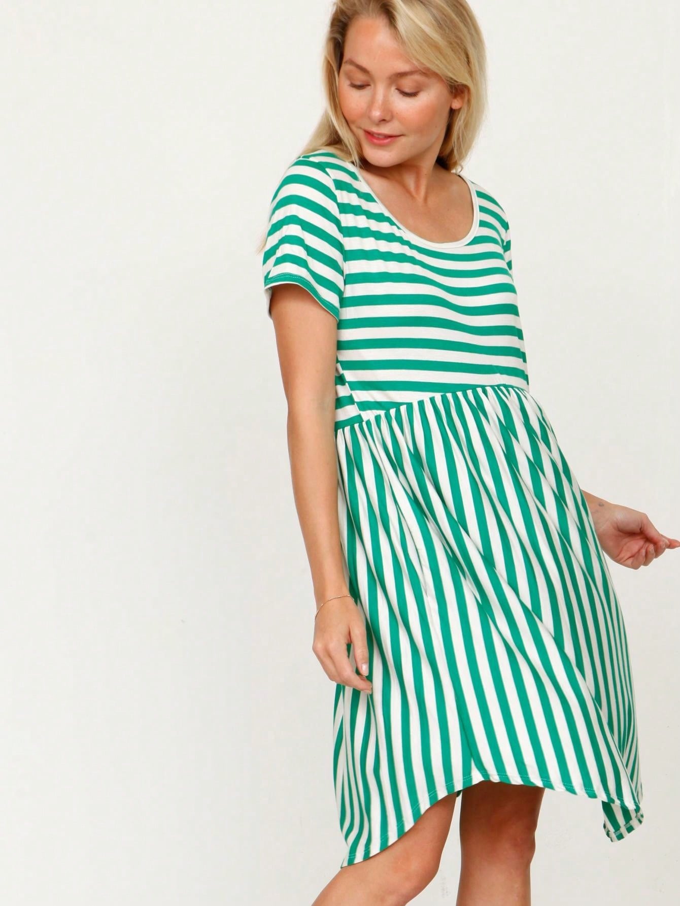 Vintage Boho Summer Fall Mustard Grey Red Blue Black Green Stripe Swing T Shirt Sleeve Southern Dress | Small-3 XL Plus