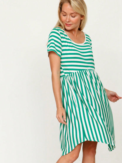 Vintage Boho Summer Fall Mustard Grey Red Blue Black Green Stripe Swing T Shirt Sleeve Southern Dress | Small-3 XL Plus