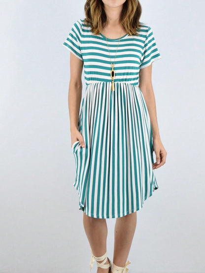 Vintage Boho Summer Fall Mustard Grey Red Blue Black Green Stripe Swing T Shirt Sleeve Southern Dress | Small-3 XL Plus