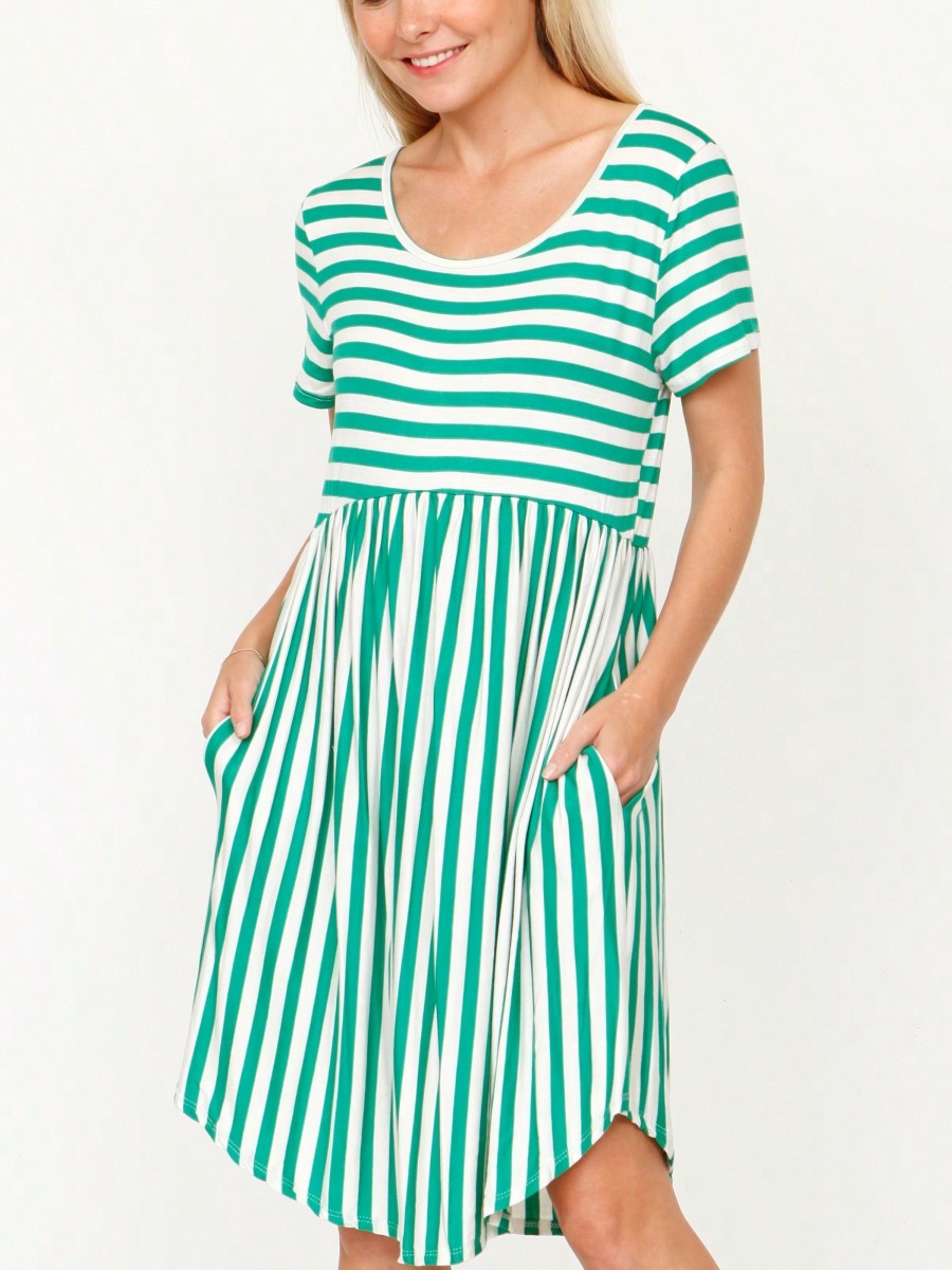 Vintage Boho Summer Fall Mustard Grey Red Blue Black Green Stripe Swing T Shirt Sleeve Southern Dress | Small-3 XL Plus