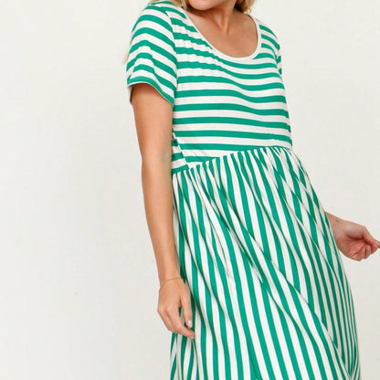 Vintage Boho Summer Fall Mustard Grey Red Blue Black Green Stripe Swing T Shirt Sleeve Southern Dress | Small-3 XL Plus