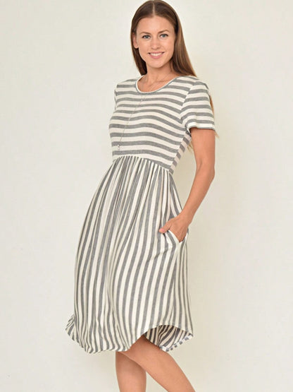 Vintage Boho Summer Fall Mustard Grey Red Blue Black Green Stripe Swing T Shirt Sleeve Southern Dress | Small-3 XL Plus