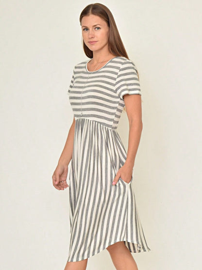 Vintage Boho Summer Fall Mustard Grey Red Blue Black Green Stripe Swing T Shirt Sleeve Southern Dress | Small-3 XL Plus
