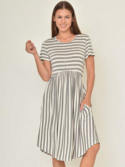 Vintage Boho Summer Fall Mustard Grey Red Blue Black Green Stripe Swing T Shirt Sleeve Southern Dress | Small-3 XL Plus