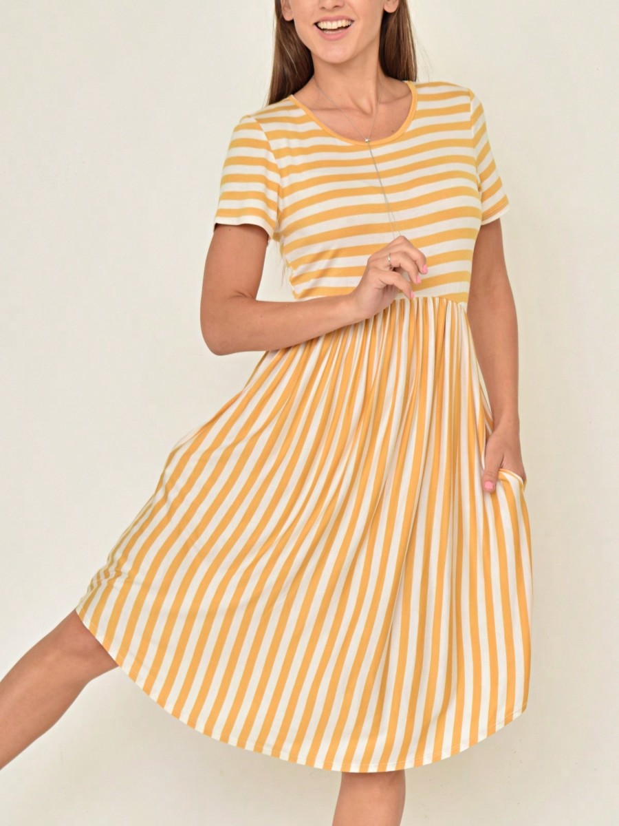 Vintage Boho Summer Fall Mustard Grey Red Blue Black Green Stripe Swing T Shirt Sleeve Southern Dress | Small-3 XL Plus