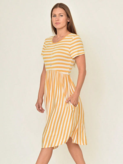 Vintage Boho Summer Fall Mustard Grey Red Blue Black Green Stripe Swing T Shirt Sleeve Southern Dress | Small-3 XL Plus