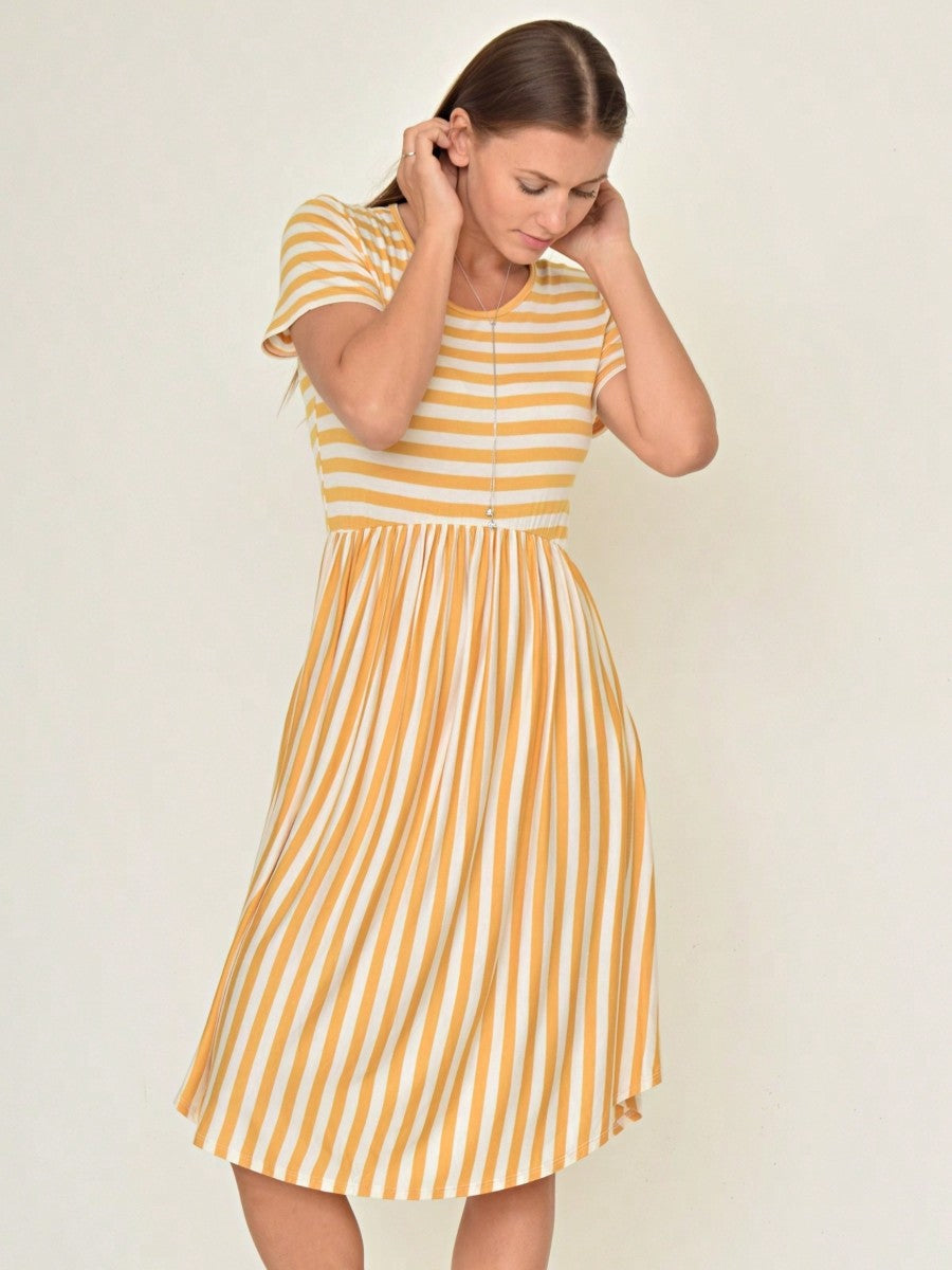Vintage Boho Summer Fall Mustard Grey Red Blue Black Green Stripe Swing T Shirt Sleeve Southern Dress | Small-3 XL Plus