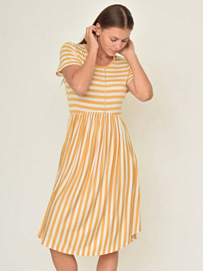 Vintage Boho Summer Fall Mustard Grey Red Blue Black Green Stripe Swing T Shirt Sleeve Southern Dress | Small-3 XL Plus