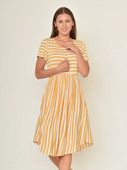 Vintage Boho Summer Fall Mustard Grey Red Blue Black Green Stripe Swing T Shirt Sleeve Southern Dress | Small-3 XL Plus