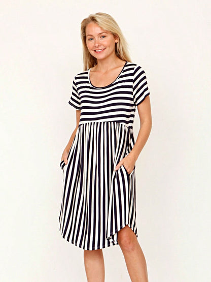 Vintage Boho Summer Fall Mustard Grey Red Blue Black Green Stripe Swing T Shirt Sleeve Southern Dress | Small-3 XL Plus