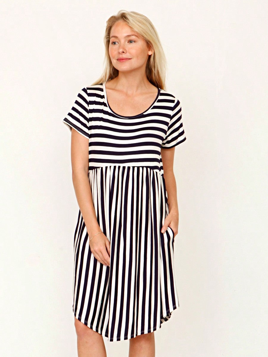 Vintage Boho Summer Fall Mustard Grey Red Blue Black Green Stripe Swing T Shirt Sleeve Southern Dress | Small-3 XL Plus