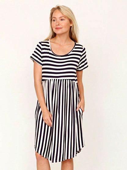 Vintage Boho Summer Fall Mustard Grey Red Blue Black Green Stripe Swing T Shirt Sleeve Southern Dress | Small-3 XL Plus