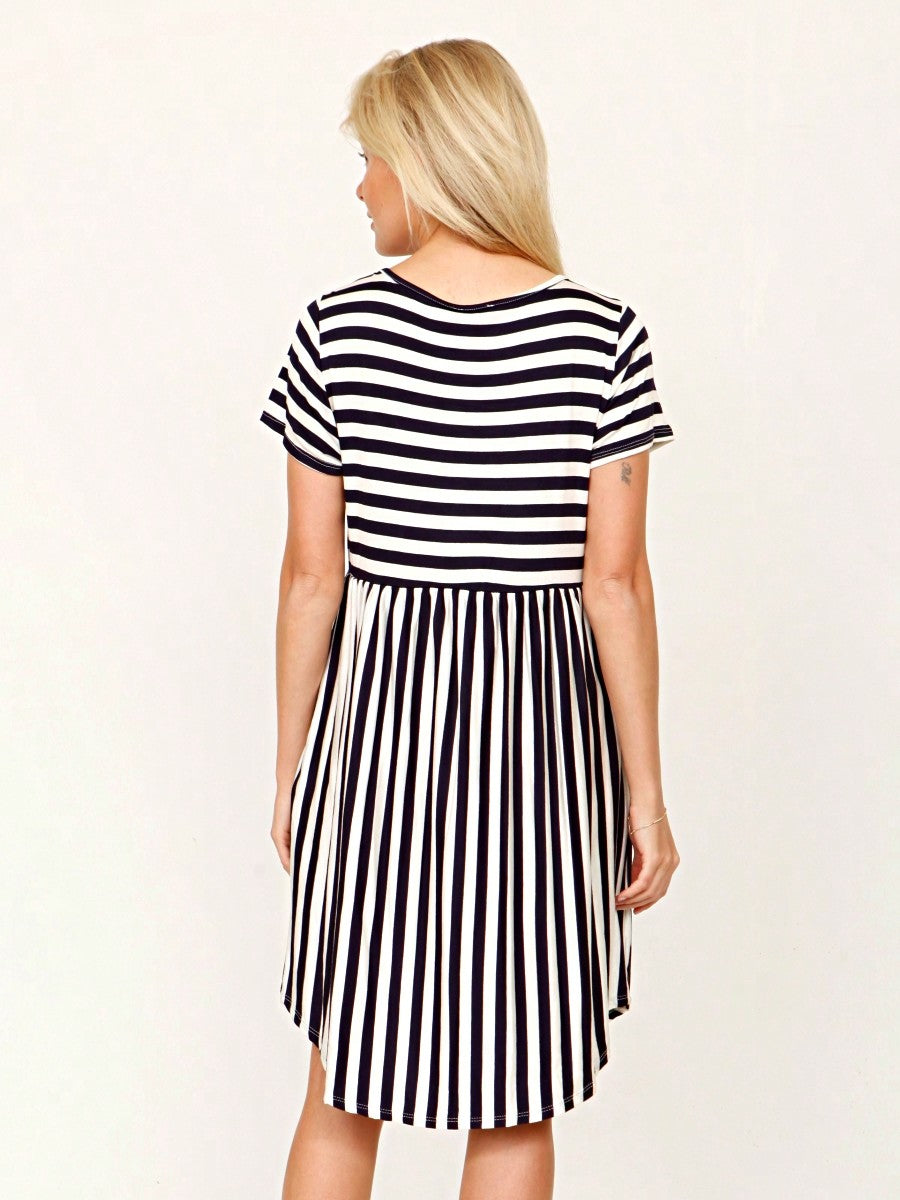 Vintage Boho Summer Fall Mustard Grey Red Blue Black Green Stripe Swing T Shirt Sleeve Southern Dress | Small-3 XL Plus