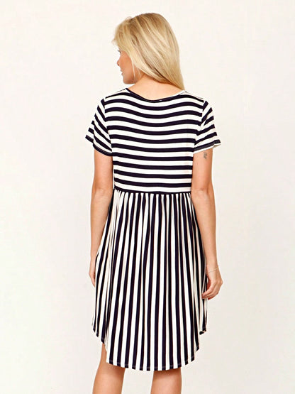 Vintage Boho Summer Fall Mustard Grey Red Blue Black Green Stripe Swing T Shirt Sleeve Southern Dress | Small-3 XL Plus