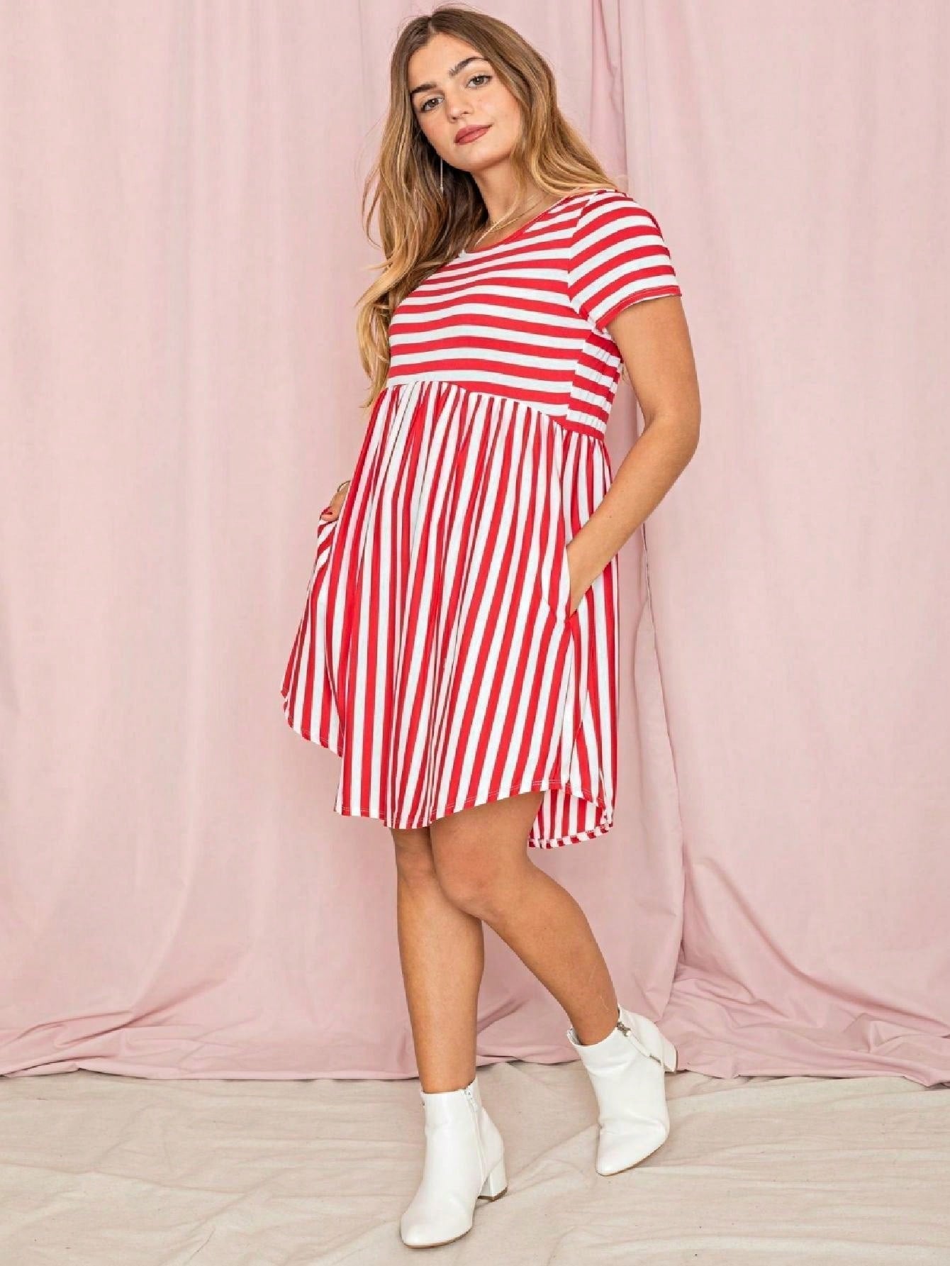 Vintage Boho Summer Fall Mustard Grey Red Blue Black Green Stripe Swing T Shirt Sleeve Southern Dress | Small-3 XL Plus